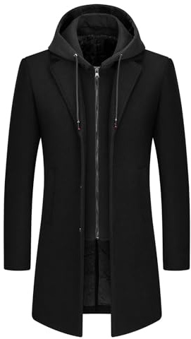 KUDMOL Herren Wolle Trenchcoat Solid Casual gepolstert Outdoor Overcoat Lange Kapuze Warmer Mantel Jacke(Schwarz,L)
