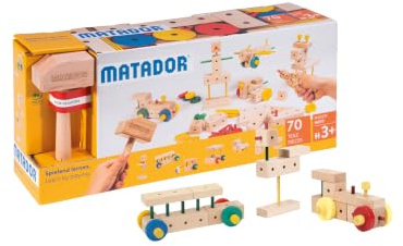 Matador Kinder Baukasten ab 3 Jahren 70-tlg. - Spannendes Holz Konstruktionsspielzeug zur Schulung von Kreativität und Feinmotorik, Bauspielzeug mit Stäbchen, Klötzen, Hammer & Zange