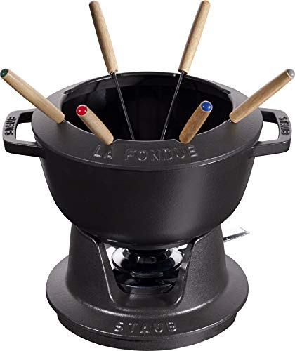 STAUB Fondue Set mit 6 Gabeln, Gusseisen, 20 cm, 2,3 l, Für Käse- Schoko- und Fleisch-Fondue, Made in France, Schwarz