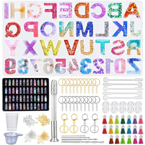 Tailcas 314 Stück Resin Silikonform Alphabet,Silikonformen Epoxidharz Set | mit 48 Farben Pailletten und Werkzeuge,Buchstaben Epoxidharz Formen für Herstellung DIY Schmuck,Schlüsselbund,House Number