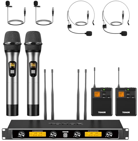TONOR 4-Kanal UHF Mikrofon Kabellos Set mit Handmikrofon/Bodypack Transmitter/Headset Funkmikrofon/Lavalier Ansteckmikrofonen, 4x5 Frequenzen 90 m Reichweite für Gesang, Karaoke, TW842