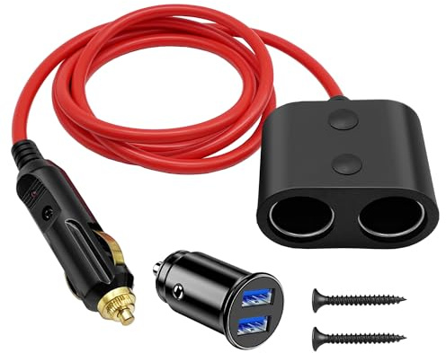 Giantdeer 180W Auto Zigarettenanzünder Splitter Verlängerungskabel, 18AWG | 1 bis 2 Zigarettenanzünder Steckdose Verteiler; Kabellänge: 1,4 Meter; Eingebaute 15A Sicherung; für 12V/24V Autos,Boote
