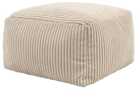 Icon Amara Hocker, Beige, Flauschiger Cord Stoff, Sitzsack Cord, Sitzpuff, Pouf Hocker mit Füllung, Fußhocker für das Wohnzimmer, Deko Wohnzimmer