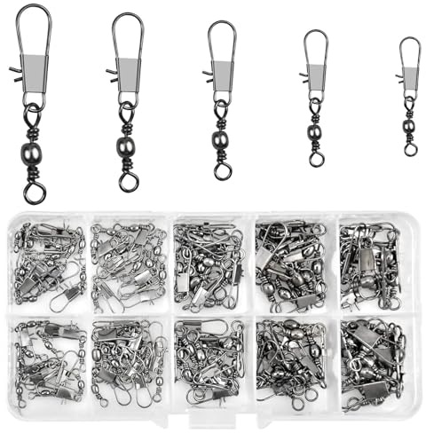 Realure 125 Stück Wirbel Angeln Forellen Angeln Wirbelkarabiner Edelstahl Angelwirbel Mit Karabiner Fischköder Angel Wirbel fur Salzwasser Wirbel, Angelzubehör Wirbel 5 Größe 7# 8# 10# 12# 14#