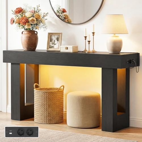 iSunirm Konsolentisch 120 cm mit Steckdosen & Bewegungsmelder-Licht, Beistelltisch mit offenem Stauraum, Landhausstil, für Eingang, Flur, Wohnzimmer, Schwarz