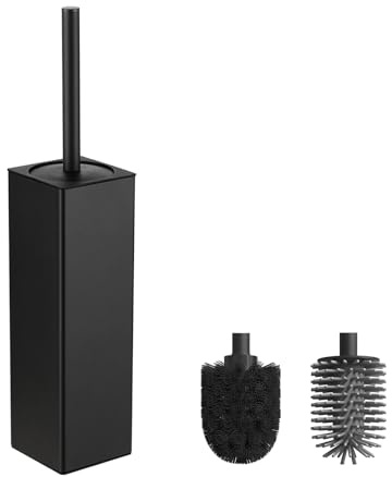BVL WC Bürsten & Halter Schwarz, Metall Toilettenbürste Inklusive 2 Bürstenköpfe, Freistehende Quadratisch Silikon Toilettenbürste für das Badezimmer