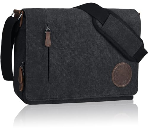 Leathario Umhängetasche Herren 14 Zoll, Messenger Bag aus Echtleder und Canvas, Arbeitstasche Studententasche Laptoptasche Schultertasche Kuriertasche Collegetasche Uni Studenten，Arbeit Schwarz