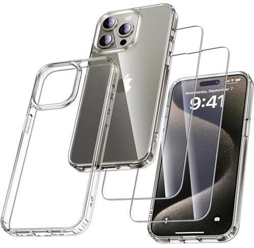 UniqueMe Hülle für iPhone 15 Pro - Handyhülle & 2 Schutzfolie, Transparent | Rundumschutz Set für iPhone 15 Pro Case, Schutzhülle Cover, Stoßfest Militärstandard, Anti-Kratzer, Dünn