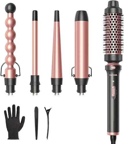 Wavytalk Thermobürste, Multi Curl 5-in-1 Lockenstab Set mit Thermobürste und 4 austauschbaren Lockenwickler Keramikbeschichtung (13-32 mm), Erwärmung hitzebeständigem Handschuh and 2 Clips, Roségold