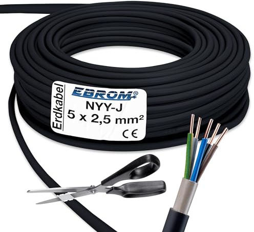 EBROM Erdkabel NYY-J 5x2,5 mm² - Starkstromkabel - PVC Erdleitung - schwarz - Meterware auf den Meter genau - Auswahl in 1 Meter Schritten, viele Längen - NYY-J 5x2,5 mm2 - Ihre Länge: 15 Meter