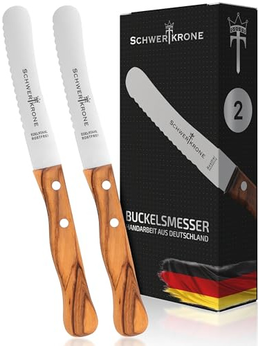 Schwertkrone® Buckelsmesser Wellenschliff 2er Set [MADE IN GERMANY] - Wellenschliffmesser Olivenholzgriff - Tafel Messer mit Wellenschliff - Brötchenmesser - Messer mit Holzgriff - Brotzeitmesser
