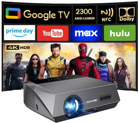 Tageslicht Beamer 4K mit Google TV 2300 ANSI Ultra HD Smart Heimkino Beamer with Tof Autofokus Dolby HDMI ARC HDR10+ NFC LED Projector 4K mit WiFi6 Bluetooth für Heller Raum Gaming