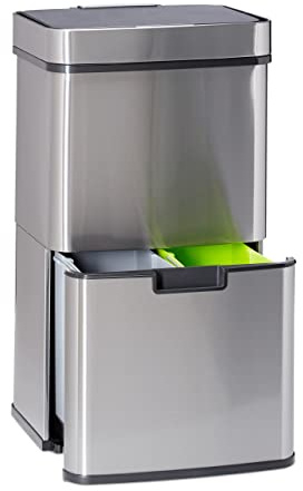 Relaxdays Mülltrennsystem mit Sensor, 3 Fächer, 60 l, silber | 2 Mülleimer unten, Klemmring oben, Edelstahl Abfalleimer