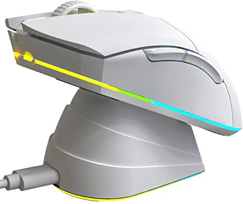 KLIM Blaze Pro Wiederaufladbare kabellose Maus - NEU - Gaming Maus mit RGB und Ladestation - Hochpräziser Sensor und langlebiger Akku - Bis zu 6000 DPI - Kabel- und Wireless Mouse für PC - Weiß