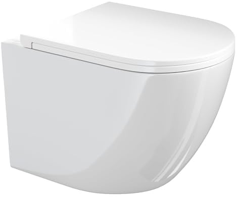 VILSTEIN Hänge WC mit 360° Tornado-Spülung, Spülrandloses Wand-Toilettenbecken aus Keramik, geräuscharm, inkl. WC-Sitz mit Absenkautomatik – Weiß, [49 cm lang]