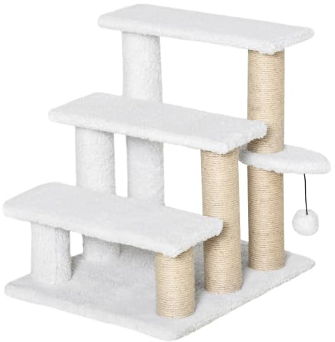 PawHut Katzentreppe 3 Stufen Kratzbaum Treppe 45 x 40 x 48 cm Weiß | Mit Kratzsäulen, Mit Ball, Haustiertreppe, Hundetreppe, Aus Plüsch und Jute