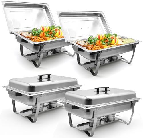 Set mit 4 Speisenwärmern LEUTHERIA - Chafing Dish aus lebensmittelechtem Edelstahl für Buffet/Professionelles Wasserbad/Warmhaltebehälter/Catering/Hotel/Restaurant - Edelstahl SS201