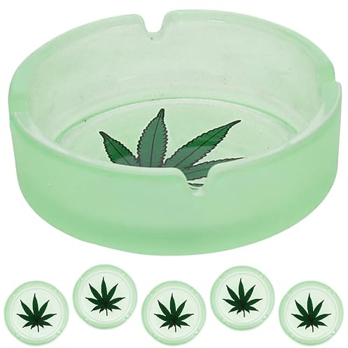 Glasaschenbecher 'Glow in the Dark' 6er Set | Ø10cm Glas rund | Aschenbecher stapelbar im Cannabis-Design fluoreszierend (6er Set Aschenbecher Glow)