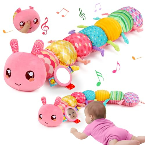 Baby Spielzeug 0 3 6 Monate Raupe Musikspielzeug, Montessori Sensorik SpielzeugBaby Geschenk Mädchen mit Lineal Greifling Rassel Spiegel, Babyspielzeug Neugeborenen Geschenk, Tummy Time Baby Toys