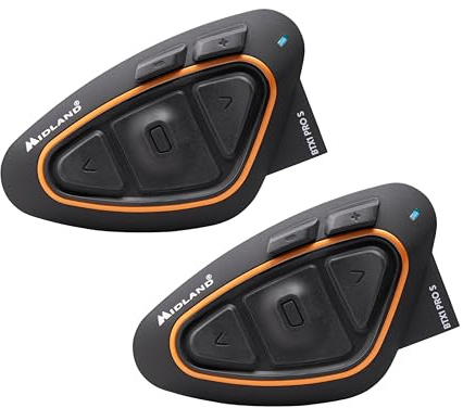 Midland BTX1 Pro Twin C1230.16, Bluetooth-Kommunikationssystem für Motorradfahrer, IPX6 Wasserdichtes Helm-Headset, Geräuschunterdrückung, Motorrad-zu-Motorrad, 23h Akku, 800 m, UKW-Radio über App
