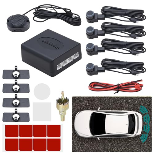 KAOLALI Auto Einparkhilfe 4 Hinten Sensoren mit Audio Buzzer Alarm, Schwarz | Universal Auto Parksensoren Rückwärtsparkhilfe Einparksystem, Einfache Installation