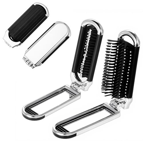 2 Stück Faltbare Reise Haarbürste mit Spiegel, Kompakter Klappkamm Reisebürste für Damen Herren, Tragbare Mini Haarbürste für Handtasche, Reise, Fitnessstudio (Abnehmbarer Spiegel)