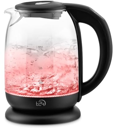 T24 Wasserkocher Glas 1,7 L mit Temperatureinstellung 60-100 °C, 2.200W Schwarz mit LED Beleuchtung