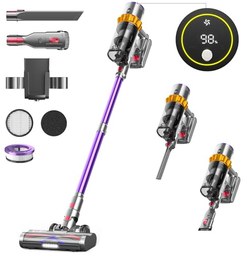 Anyson 45000Pa/550W/70Min Staubsauger Kabellos, 1.6L Akku Staubsauger Super Leise, Akkustaubsauger Selbstladender mit LED Display/Anti-Tangle-Bürste, Stabstaubsauger für Hartböden Teppiche Tierhaare