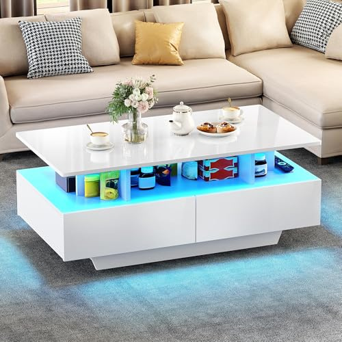 YITAHOME Couchtisch Weiß, Wohnzimmertisch Hochglanz mit 16-Farbiger LED Beleuchtung Modern, Beistelltisch Weiss mit Offenem Ausstellungsregal und 4 Ausziehbaren Schubladen 90x55x41,1 cm