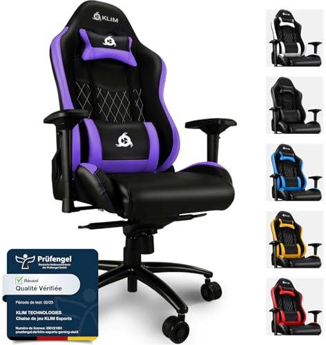 KLIM Esports Gaming Stuhl Lila - NEU - Mit Lenden- und Nackenstütze - Verstellbar Gaming Sessel Ergonomisch PC Stuhl - Kunstleder und Premium-Materialien - Gamer Stuhl - Gaming Chair - Violett