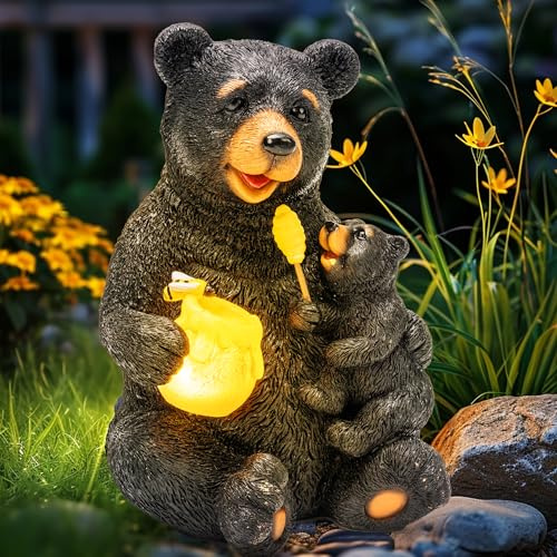 GIGALUMI Solar Statuen Gartendeko, Bär Mutter und Bär Kind umarmen Sich, Geburtstagsgeschenk für Frauen, Geschenke für Mama, Wetterfest Gartendeko für Terrasse, draußen, Hof