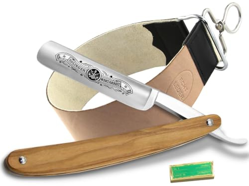 Rasier-Set Herren Rasiermesser Solingen Olivenholz mit Lederriemen & Paste | Komplett Set als Herren Geschenk für eine perfekte Nassrasur