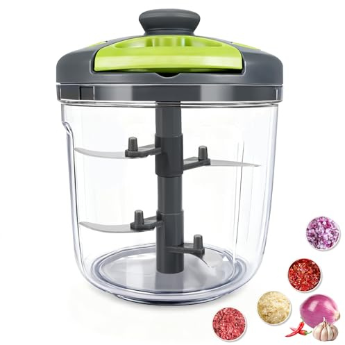 Zwiebelschneider Manuell,900ml Zwiebelschneider mit Seilzug,Zwiebel Zerkleinerer mit 5 Klingen,Multizerkleinerer Manuell,Gemüseschneider,Knoblauch Zwiebeln Schneide für Onion Karotte Avocado und Obst