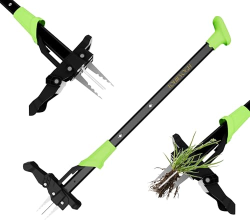 TohieVogh 100 cm Unkrautstecher, Stand up Unkraut Entferner Gerät mit 4 Klauen, Langstielige Unkrautentferner für Garten Rasen, Wurzelentferner für Löwenzahn, Grün