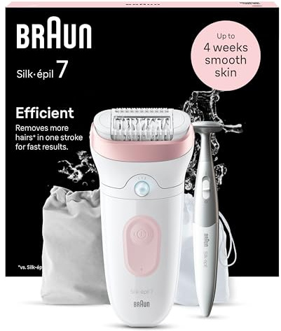 Braun Silk-épil 7 Epilierer Damen, Haarentferner für Langanhaltende Haarentfernung, Ladyshaver, Wasserdicht — Inkl. Bikinitrimmer (Haartrimmer Intimbereich), 7-210, Weiß/Rosa