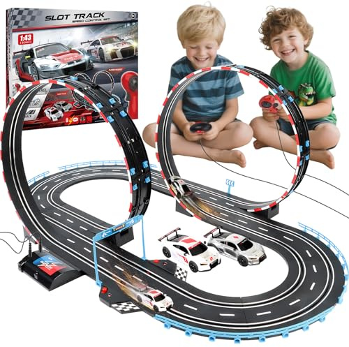 Charmofun Autorennbahn Elektrisches Slot Car für Kinder, 1:43 Autobahn Rennstrecke Auto Spielzeug 2 Slot Cars Zubehör Elektrische Rennbahn, Elektrisches Rennwagenset Geschenke für Mädchen Jungen 6-12