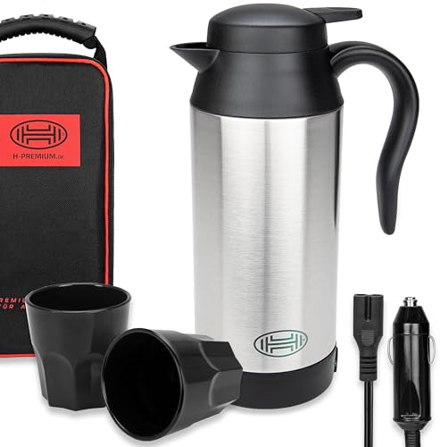 HEYNER® Wasserkocher mit 12 V, 120W, 700ml und Warmhaltefunktion | Reisekocher in der BlackEdition mit Tasche und Becher, doppelwandig isoliert mit Gummidichtung für den Zigarettenanzünder