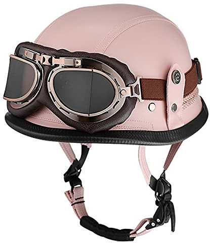 Leder Motorrad Halbhelme Retro Halbschalenhelm Jethelm mit Visier Schnellverschluss Schnalle für Cruiser Chopper Biker Moped ECE-Zulassung-Rosa