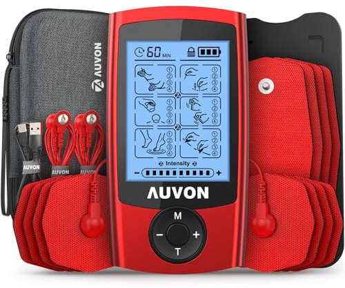 AUVON 24 Modi TENS Gerät gegen Schmerzen, 12 Stück Premium Elektroden Pads, Wiederaufladbares Reizstromgerät, medikamentenfrei Schmerzlinderung für Schulter, unteren Rücken und Muskel, EVA Tragetasche