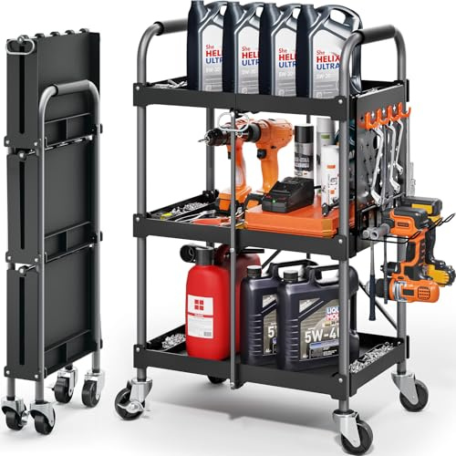 KINGRACK 3-Ebenen servierwagen Klappbar mit Rollen Ergonomischem Griff | Klappbar Allzweck-Dienstwagen mit Organizer-Regal, praktisch für Haushalt, Büro, Garage, Lager Reparaturwerkstatt, Schwarz