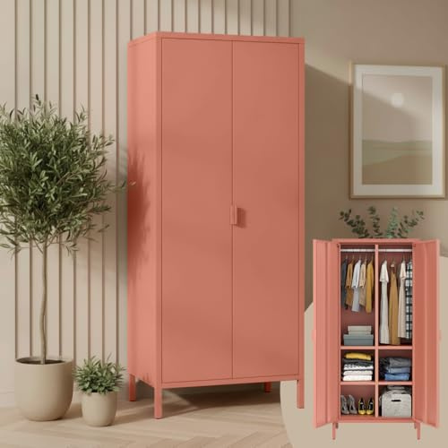 skølm Ituri Metallschrank, Kleiderschrank 80 cm breit, Terrakotta, 6 Fächer | 2 Kleiderstangen, Garderobenschrank, Schlafzimmerschrank im Industrial Style, Stahlschrank für Wohnzimmer & Büro, Flurschrank