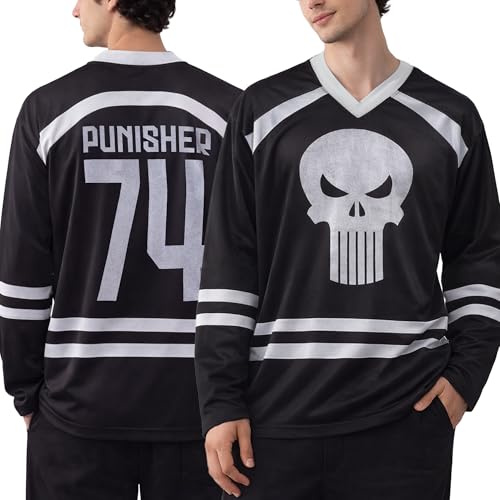Marvel Herren Hockeytrikot – Spider-Man Punisher Mickey Mouse Langarm-Hockey-Trikot aus Netzstoff für Herren, Größe fällt groß aus, Black Punisher, L