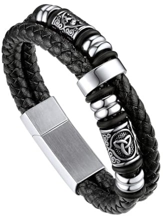 Bandmax Flechtarmband Männer 21cm Lederarmband Magnetverschluss Armbänder Herren Geflochtenes Armband aus Mikrofaser-Leder Manschette Armkette mit Kompass und keltischem Schmuckzubehör Modeschmuck