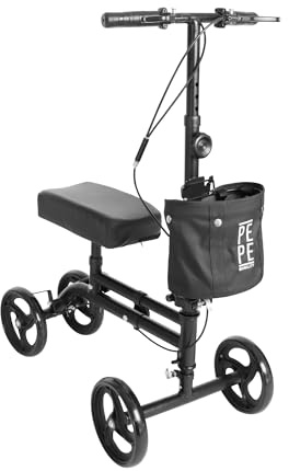 PEPE Mobility Knieroller verstellbar mit 4 Rädern aus Aluminium, Schwarz | Knielaufhilfe als Ersatz für Krücken, Höhe von 85,5 bis 106 cm, Kniestütze 43 bis 53 cm, Gepolstert für Innenräume