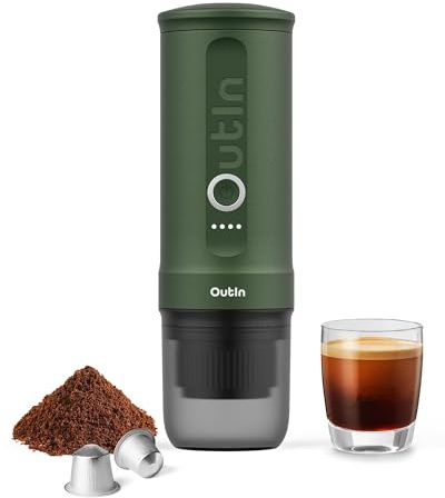 OutIn Nano Tragbare Espressomaschine mit Akku, für unterwegs oder Camping, Kaffeemaschine to go, mit elektrischer Selbsterhitzung über USB - C, 2 in 1 für gemahlenen kaffee und NS - kapseln