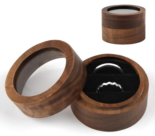 Neerow Ringbox Holz, 5 x 5 x 3,3 cm Ringbox Hochzeit, Massive Walnuss Ringschatulle, Samt Ring Box mit 2 Slots, Runde Ringschachtel für Vorschlag, Verlobung, Hochzeit Valentinstag Tägliche Lagerung