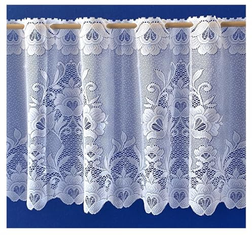 heimtexland ® Scheibengardine Jacquard Blumen Bordüre Gardine weiß Bistrogardine gebogt Typ10 HxB 42x125 cm