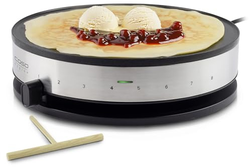 CASO CM 1300 - Crêpes Maker, Testsieger Haus & Garten Test, Antihaft‐Beschichtung, Schieberegler, inkl. Teigverteiler und Crêpes‐Wender aus Holz, Schwarz, Edelstahl