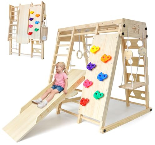 SOFTHOM Maxi Klettergerüst Indoor, 10 in 1 Multifunktional Klettergerüst für Kinder, Montessori Indoor Klettergerüst mit Rutsche, Schaukel, Kletterwand, Kletterdreieck, Spielplatz für Kinderzimmer