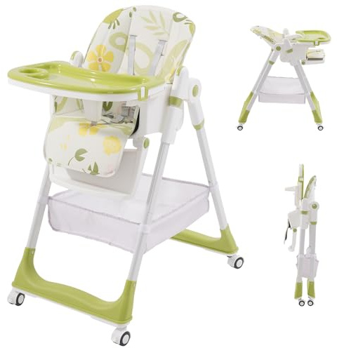 HOMCENT Hochstuhl Baby Klappbar, Kinderhochstuhl mit Fußstütze, Rädern, Verstellbare Höhe und Rückenlehne, Vielseitiger Hochstuhl Baby ab Geburt